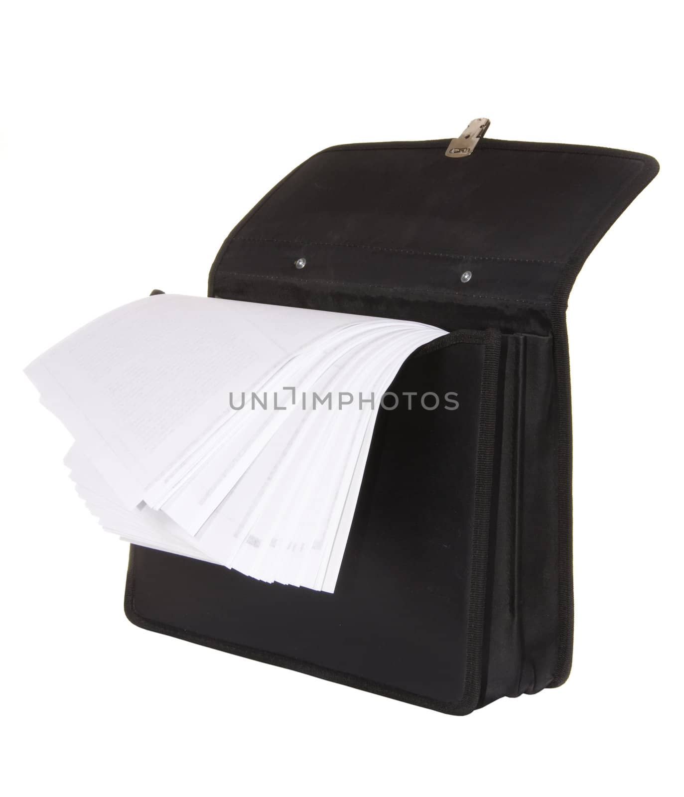 black briefcase with papers on a white background