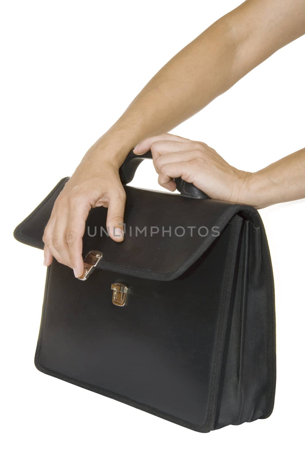 hands close black briefcase on a white background