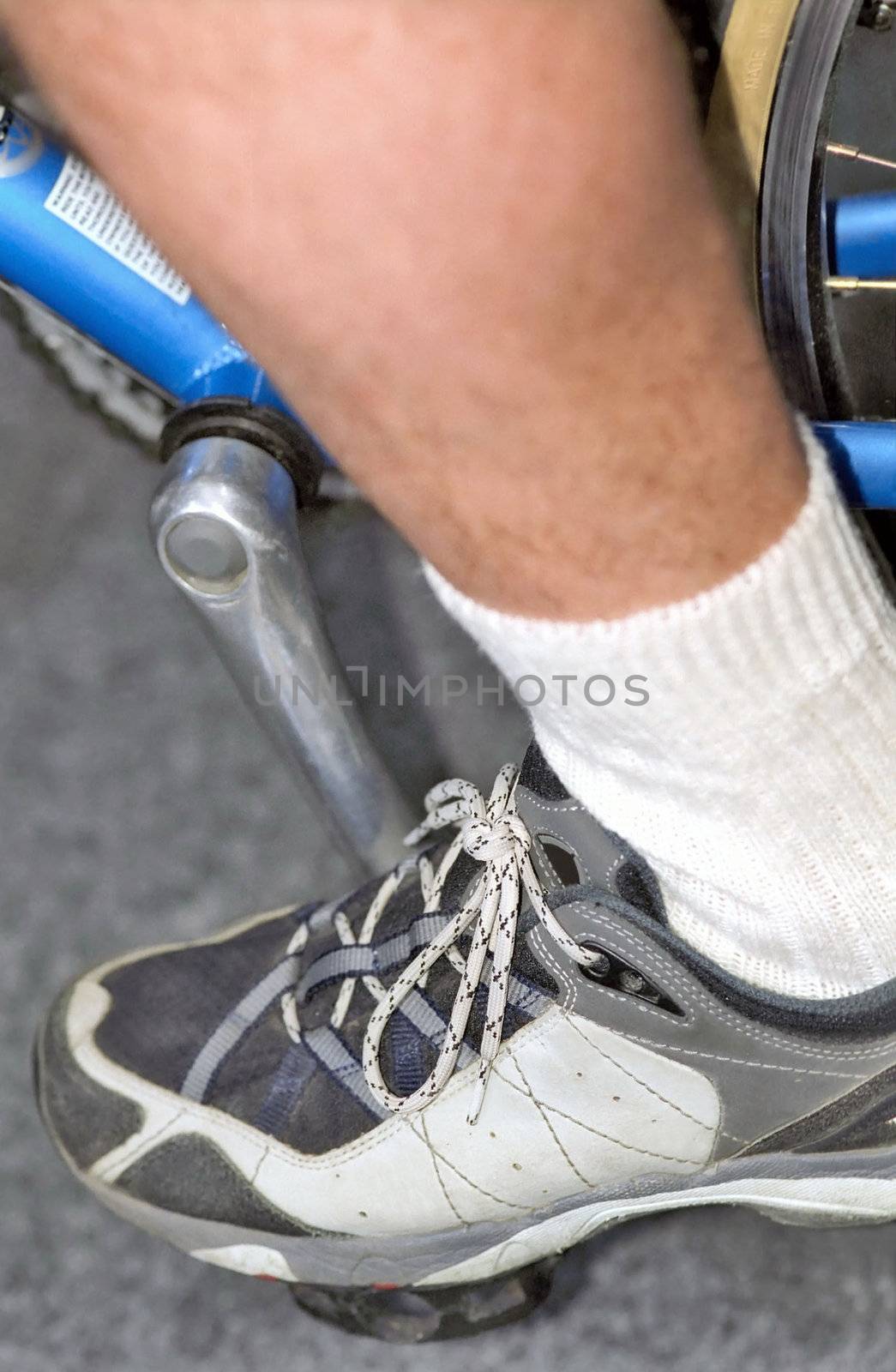 Pedaling man's leg in sporting sock and shoe
