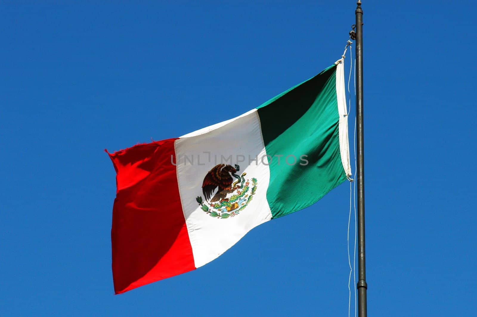 Mexican national flag waving on blue sky