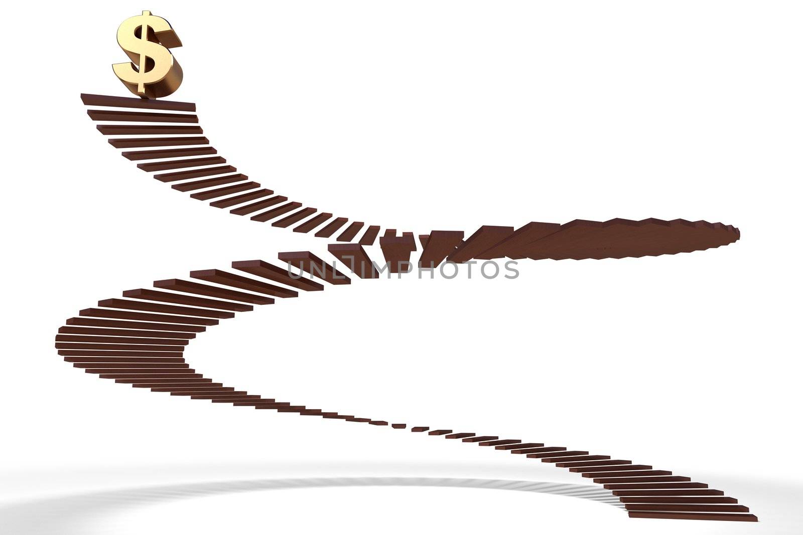 Golden dollar symbol on the top of the stairs isolated on white 3d render
