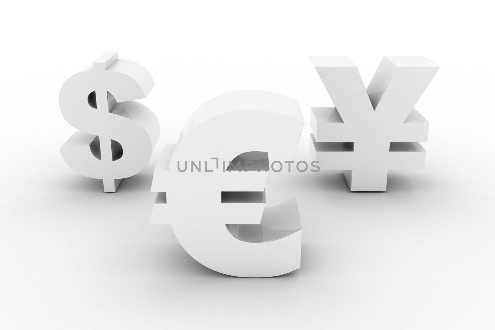 White Euro Dollar and Yen symbols isolated on white background
