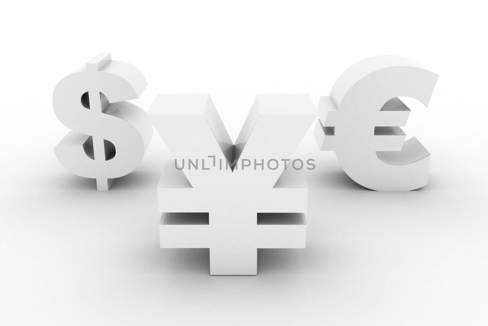 White Yen Dollar and Euro symbols isolated on white background