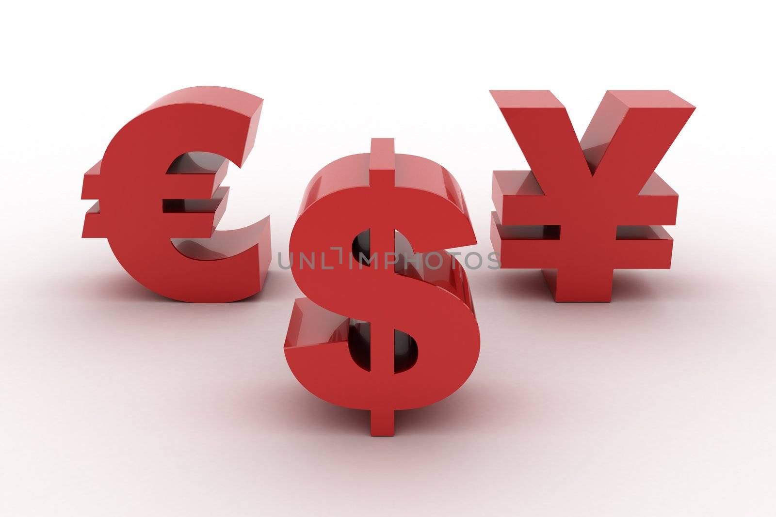 Red Dollar Euro and Yen symbols isolated on white background