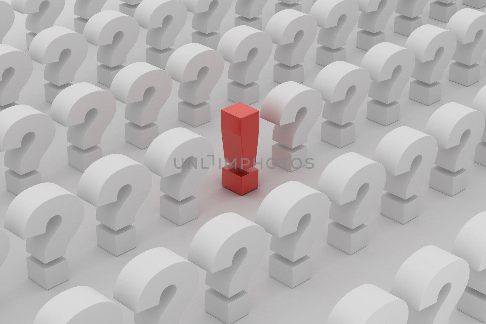 Red exclamation point over questions 3d render