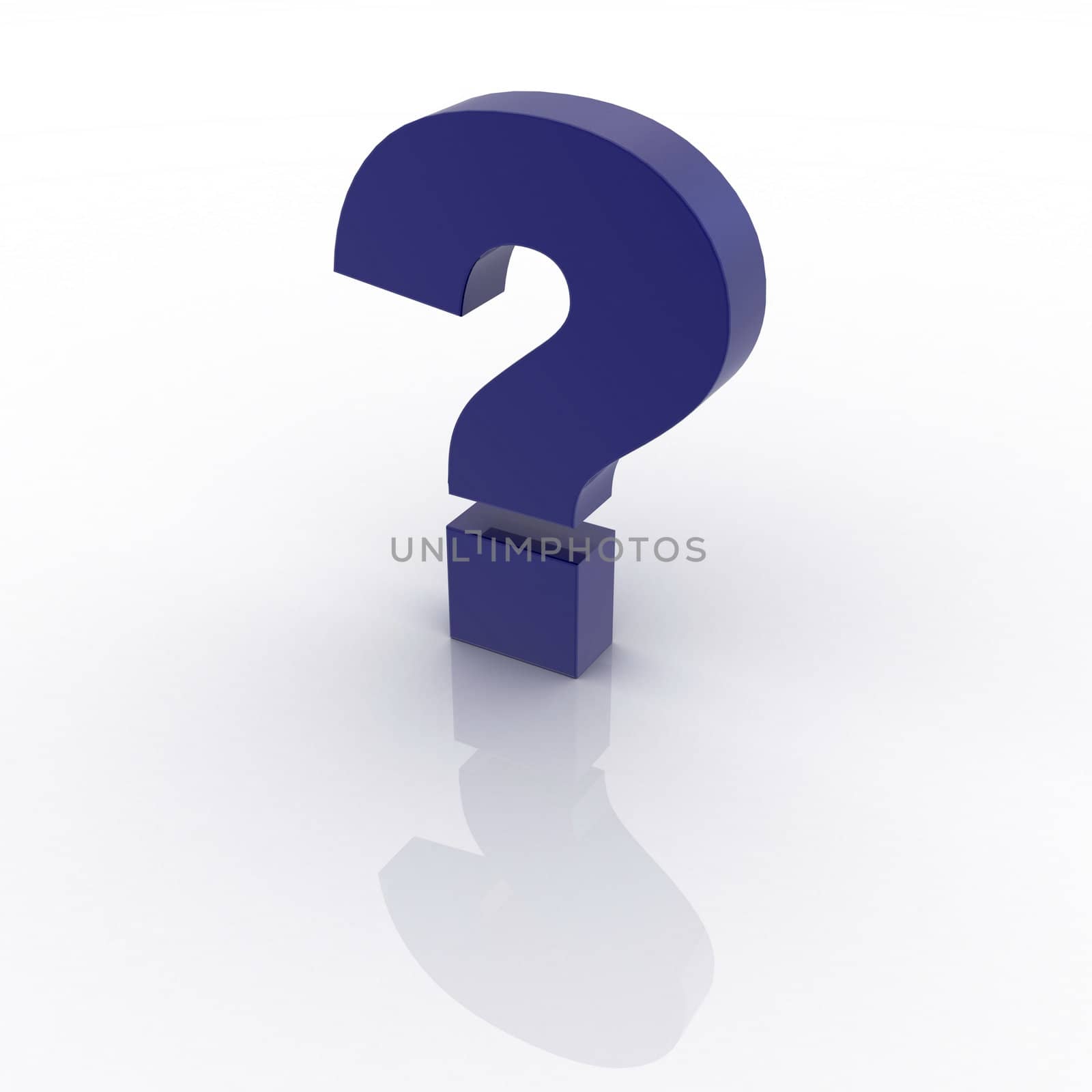 Blue question mark reflected on white 3d render