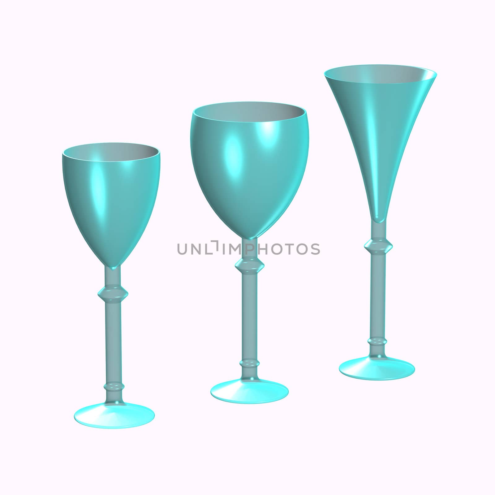 Blue glasses for water, for wine and flute