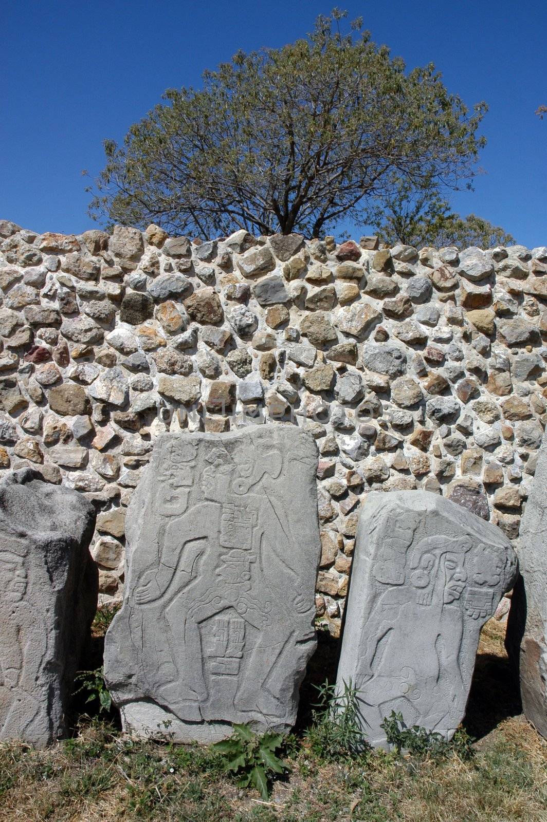 Detial of relief in ancient ruins on Monte Alban in Mexico