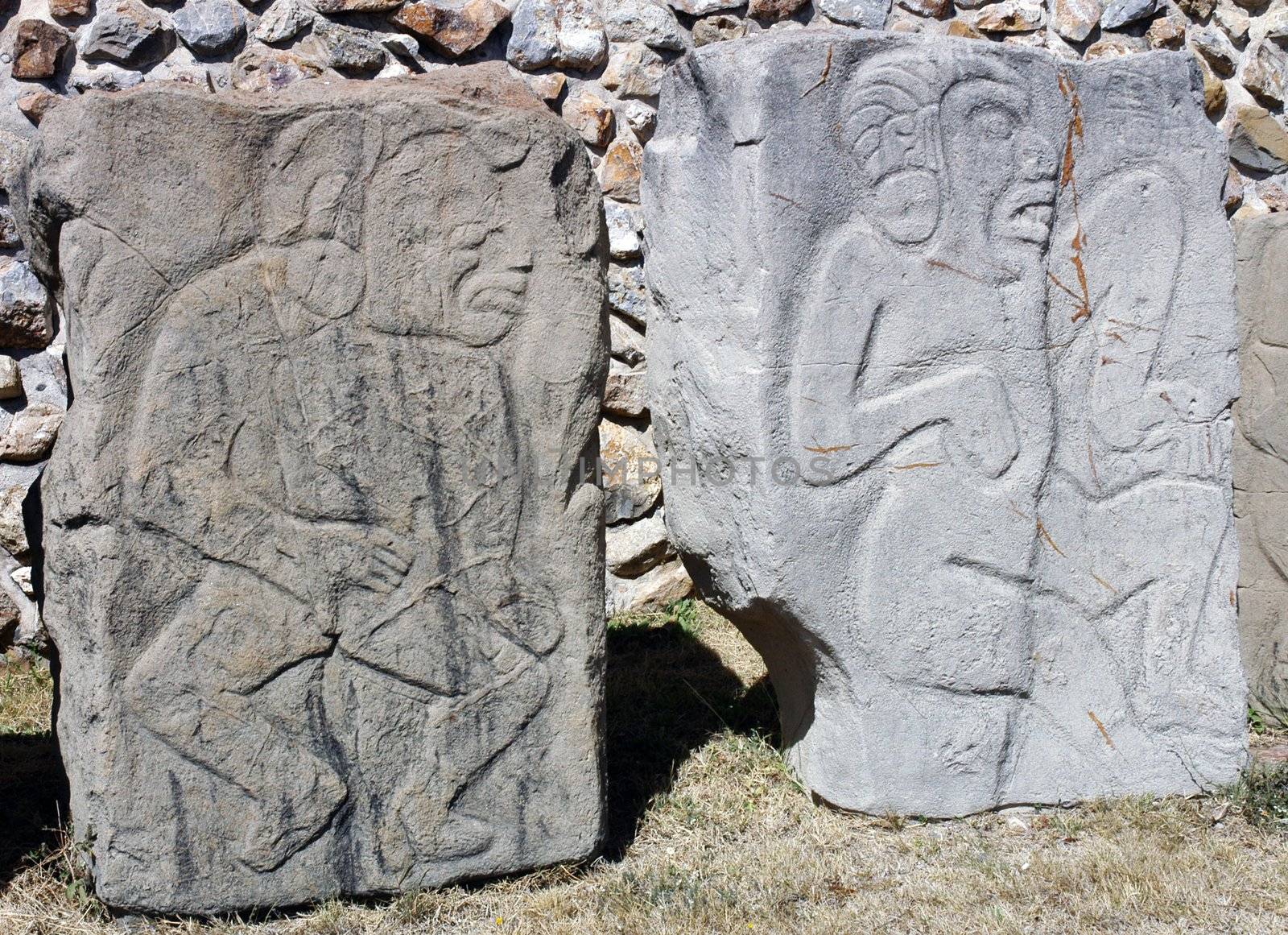 Detial of relief in ancient ruins on Monte Alban in Mexico