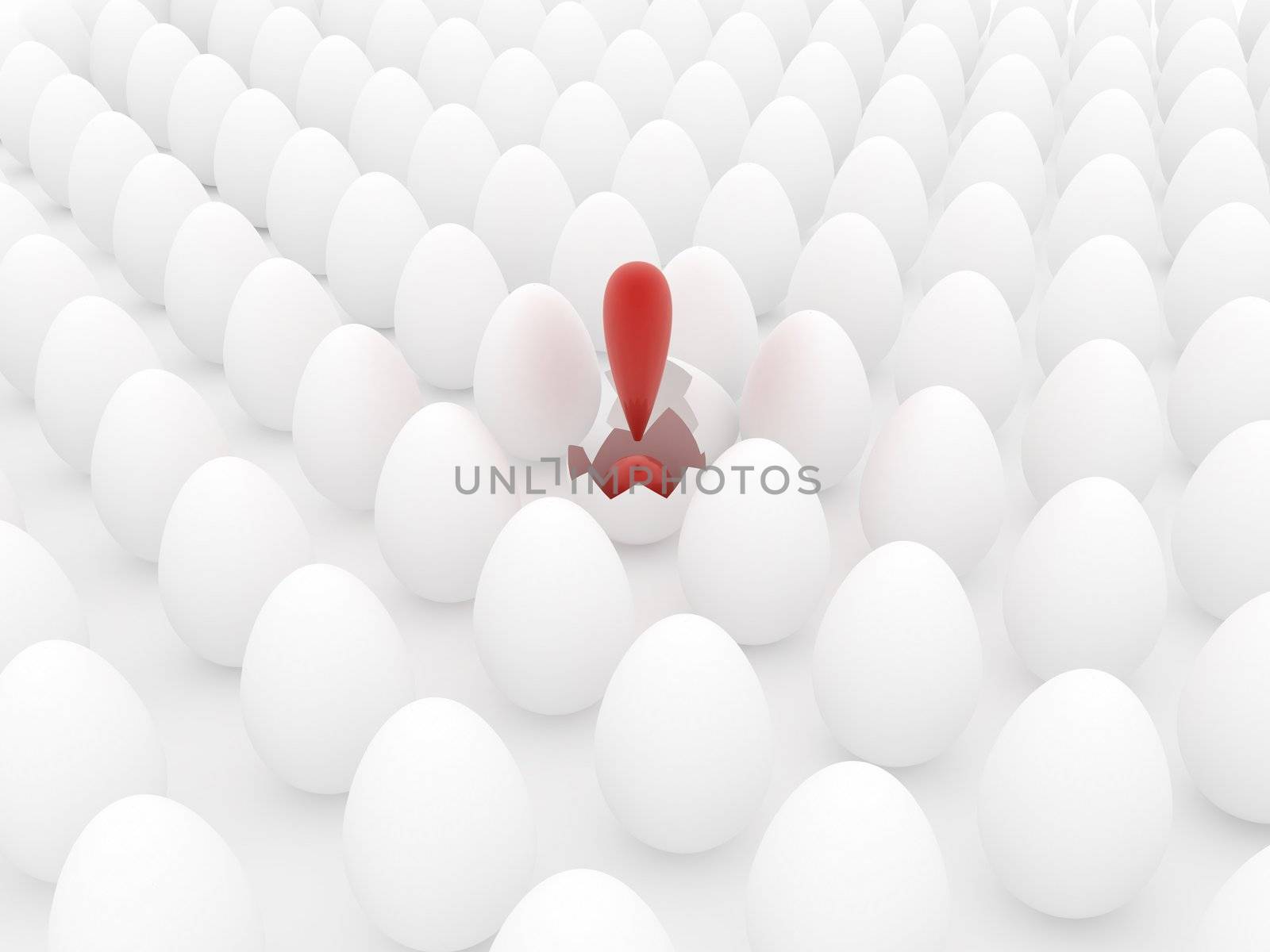 Exclamation mark hatch from eggs 3d render