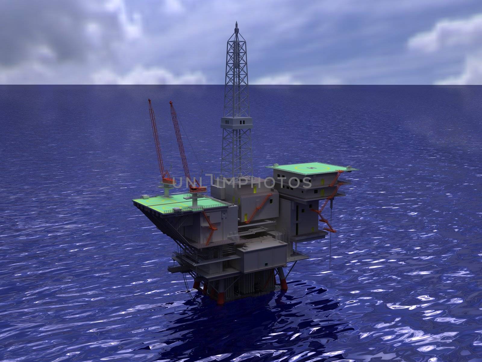 Oil rig on water 3d render