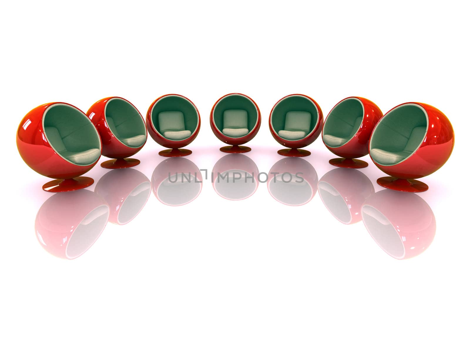 3d red modern chairs reflected on white background