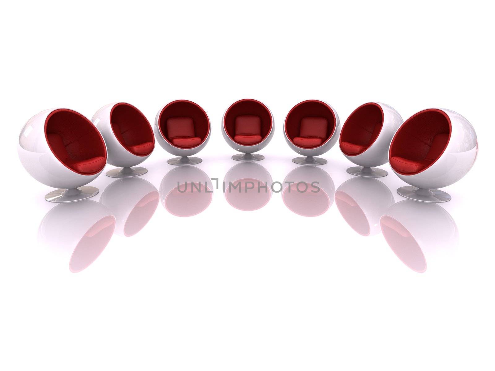 3d modern chairs reflected on white background