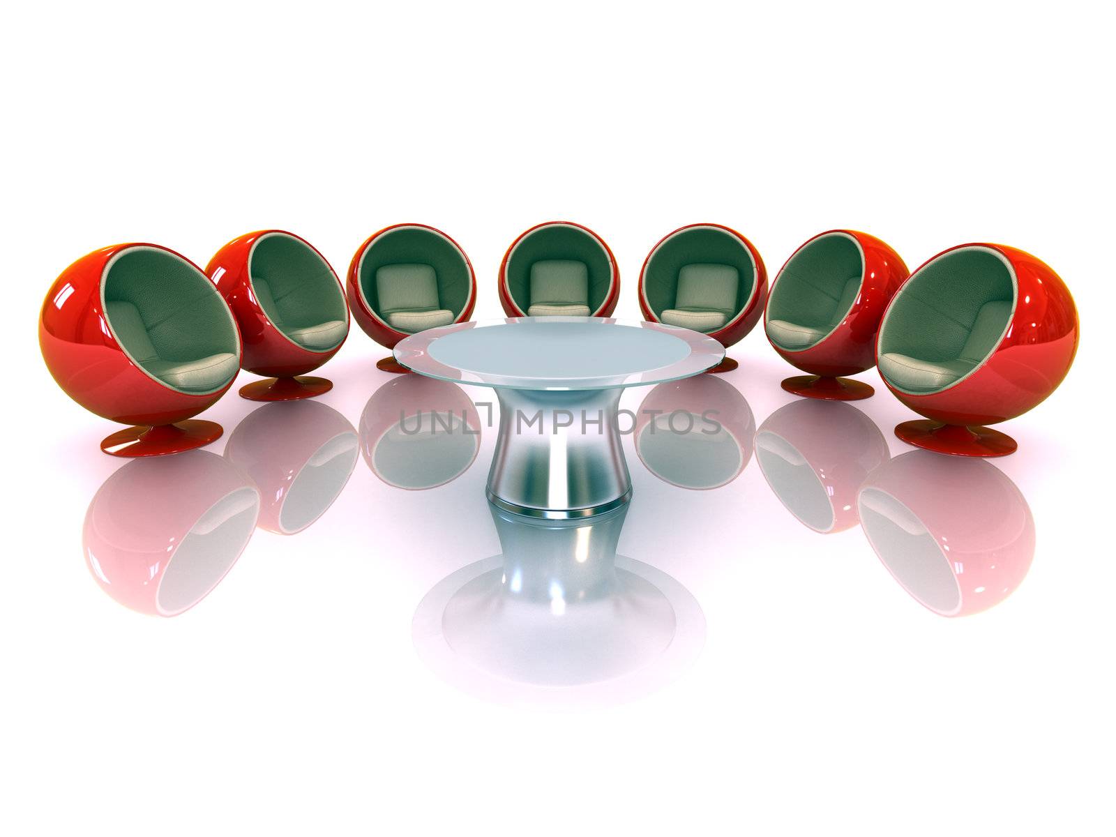 3d red modern chairs with table reflected on white background 