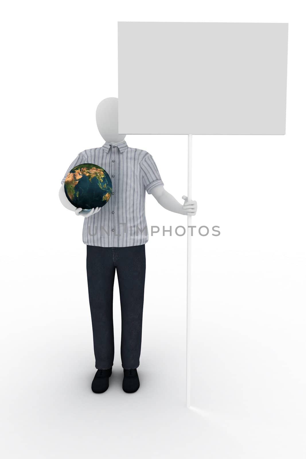 3d Human modelholds the world and banner
