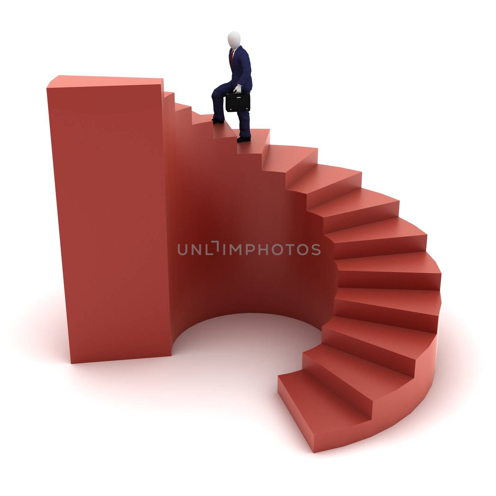 3d human model going to success on red spiral stairs