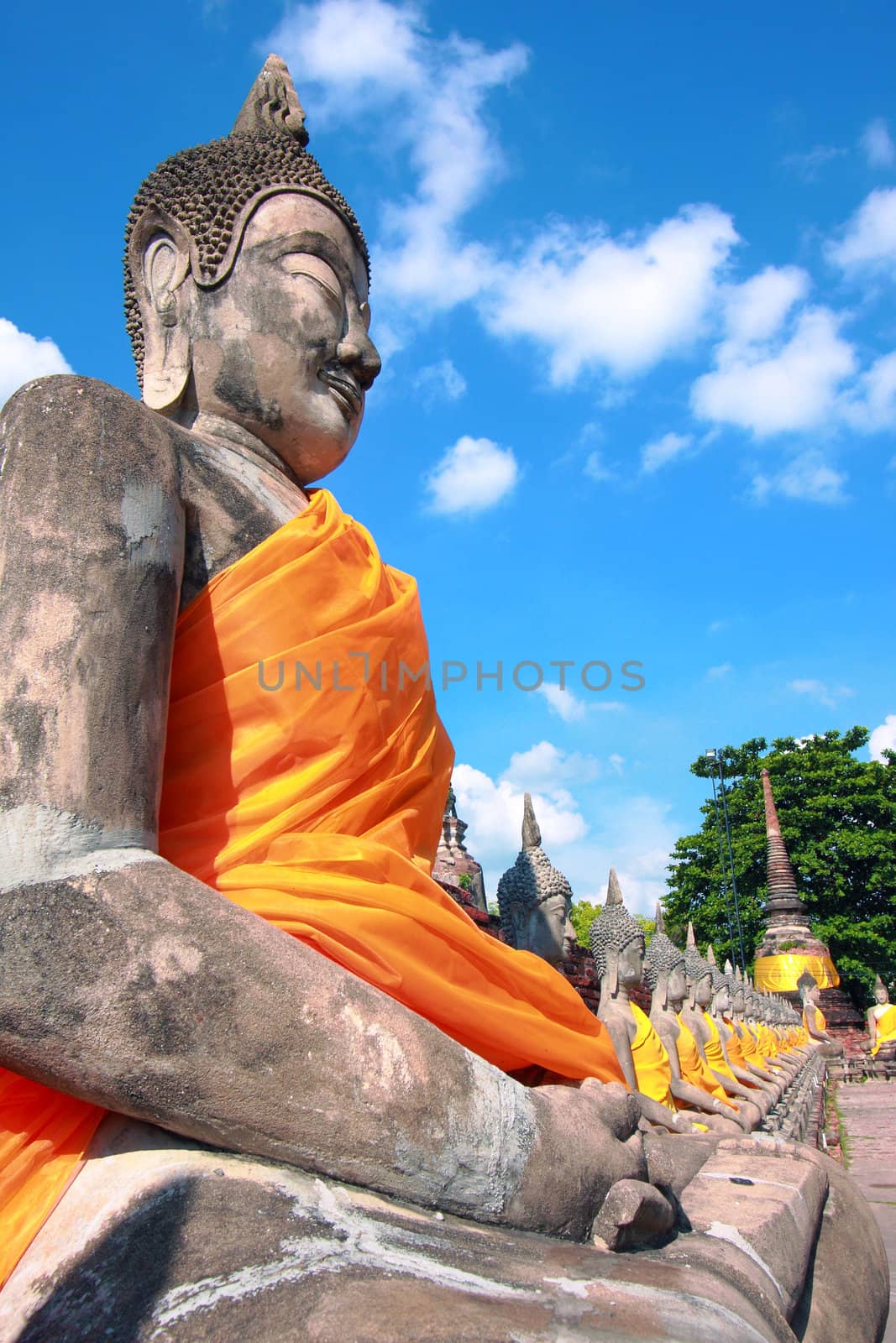 Row of seated Buddhas at a temple in Ayuttaya, Thailand. 