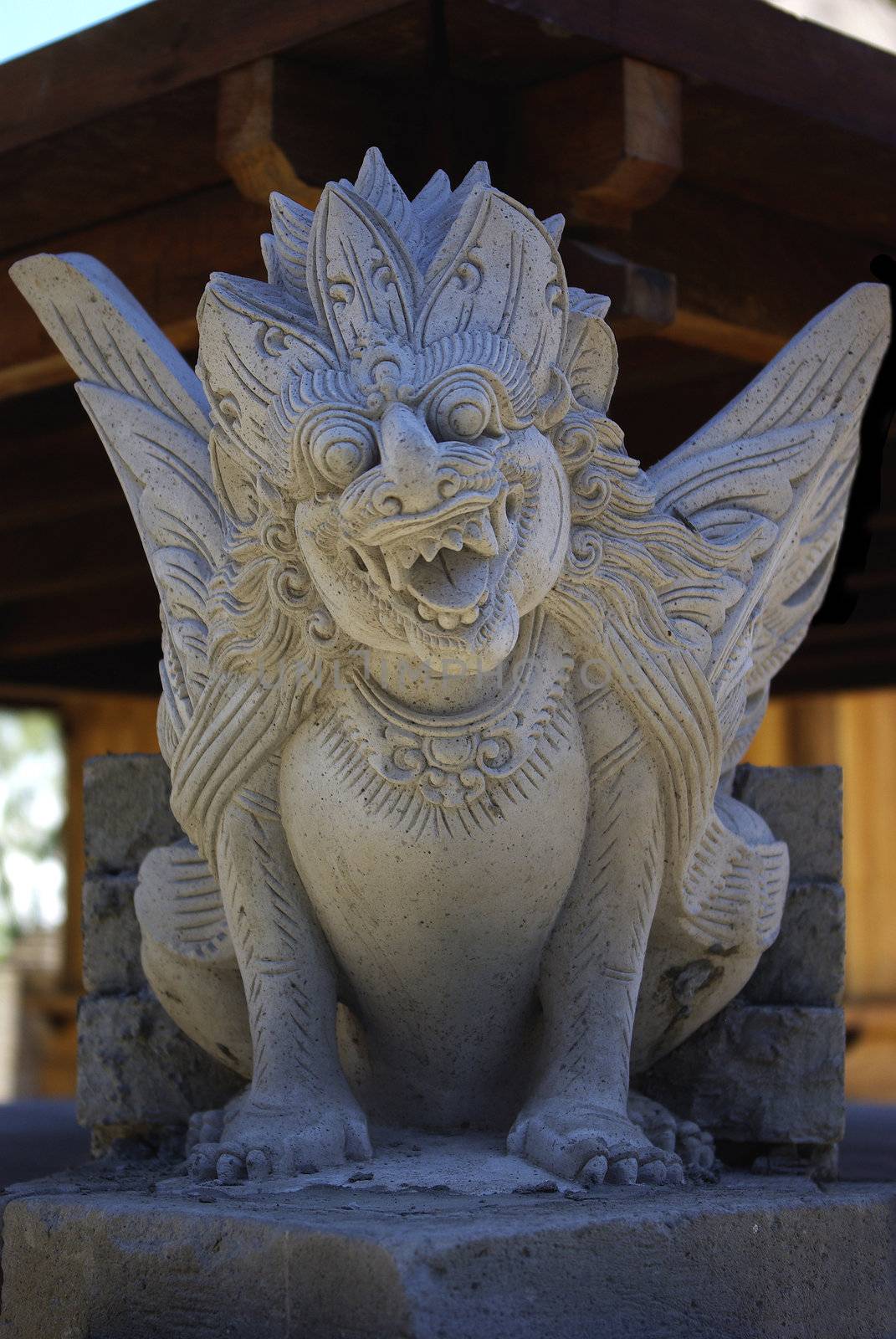 A closeup of a statue of a Hindu mind on the island of Bali