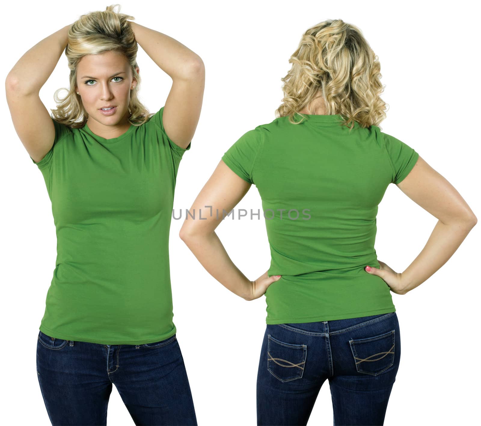 Young beautiful blond female with blank green shirt, front and back. Ready for your design or logo.