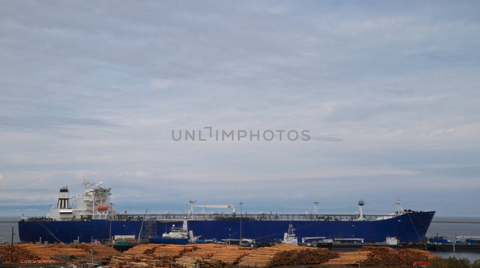 Large blue freighter ship having lumber loaded with a cloudy sky
