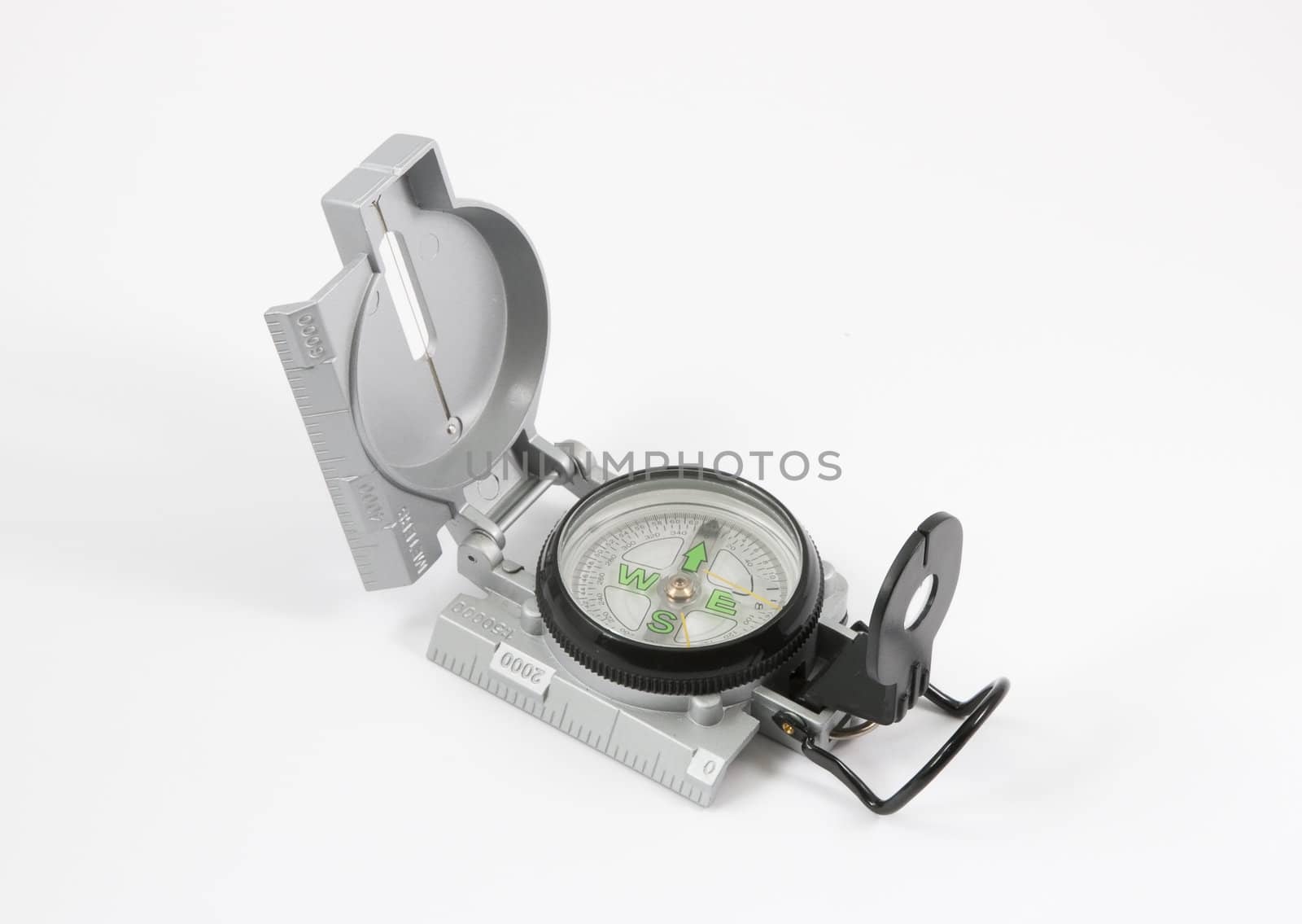Open grey compass on a white background