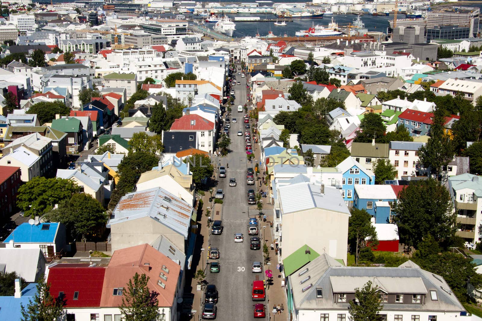 Aerial view on downtown from Hallgrimskirkja church in Reykjavik - Iceland.