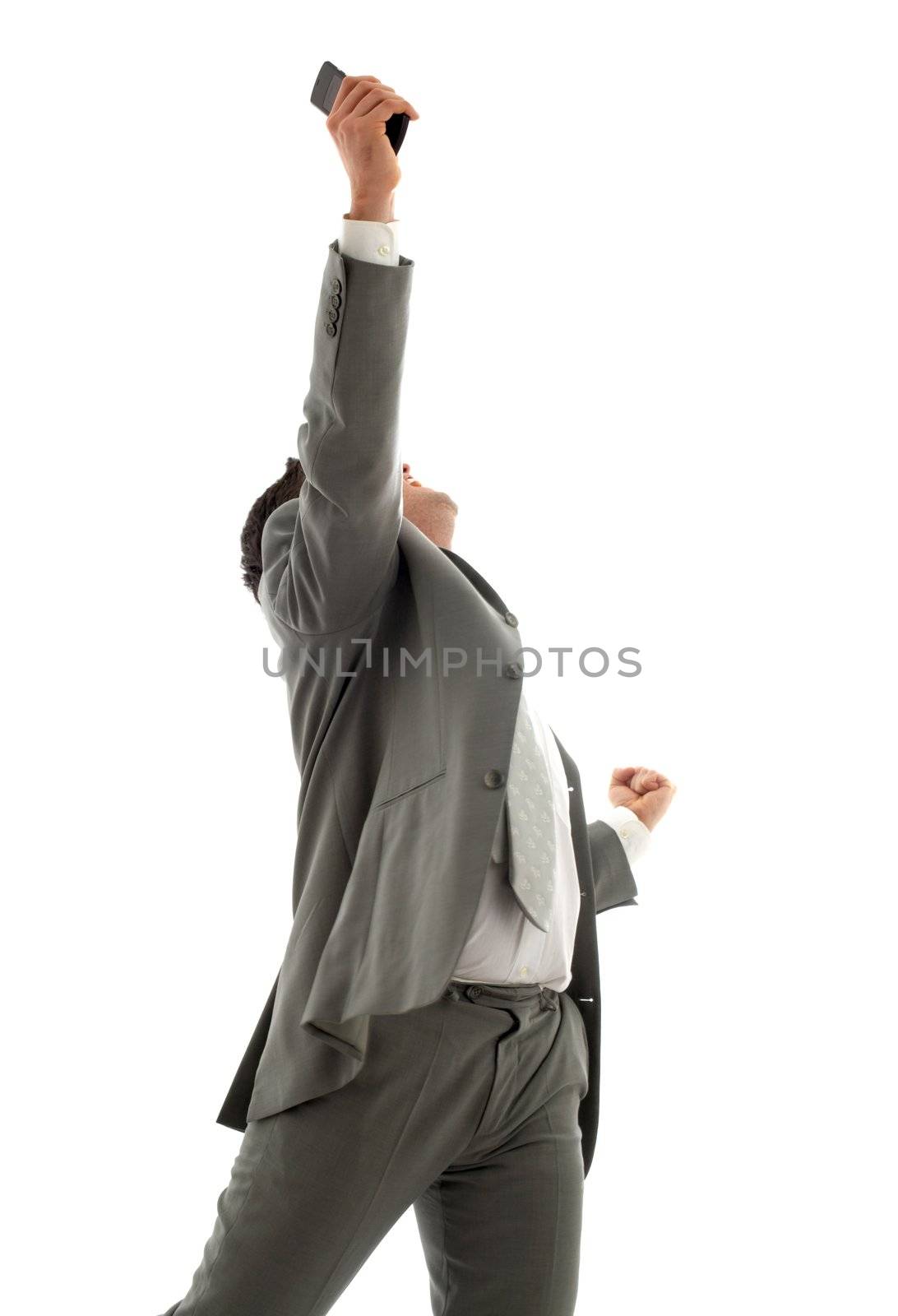 happy businessman with cellular phone over white