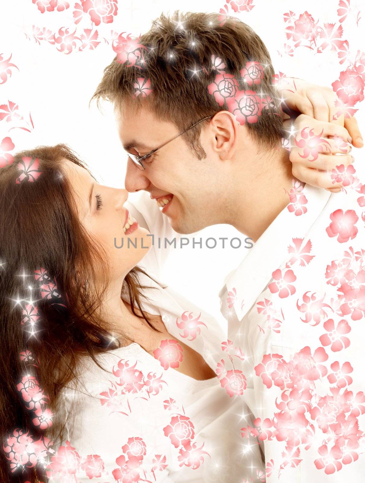 picture of sweet couple surrounded by rendered flowers