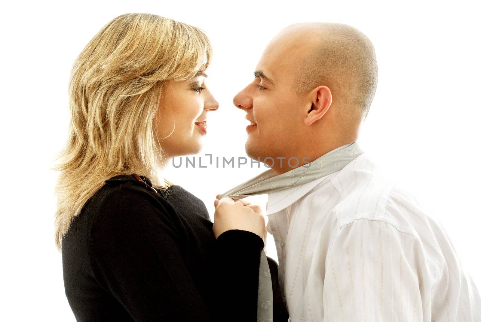 picture of sweet couple foreplay over white background