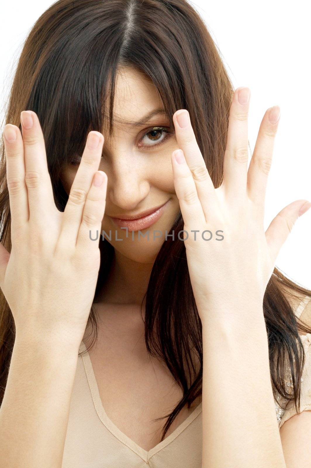 portrait of lovely brunette showing her fingers