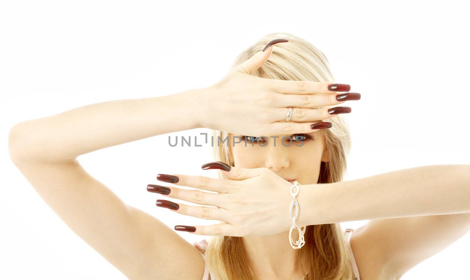 blond with long nails over white background