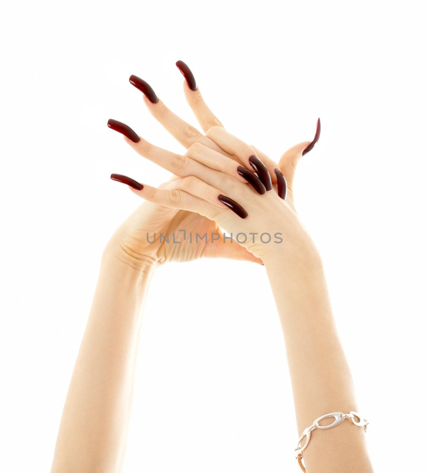 hands with long acrylic nails over white