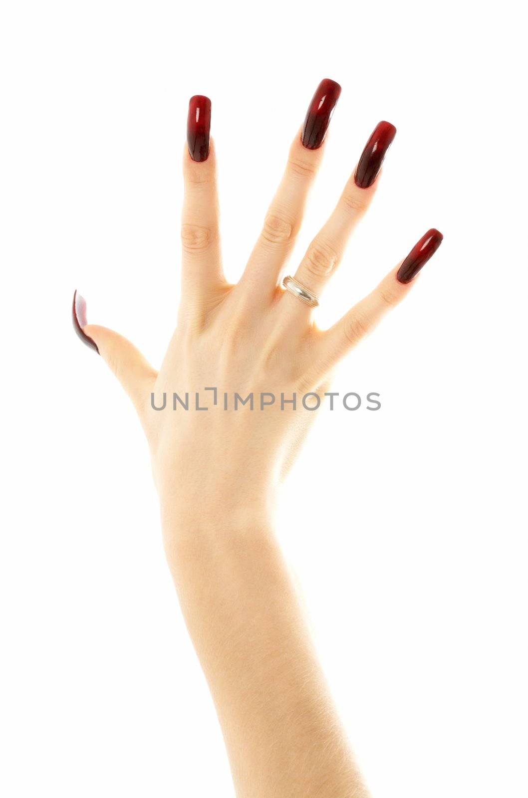 hand with long acrylic nails over white