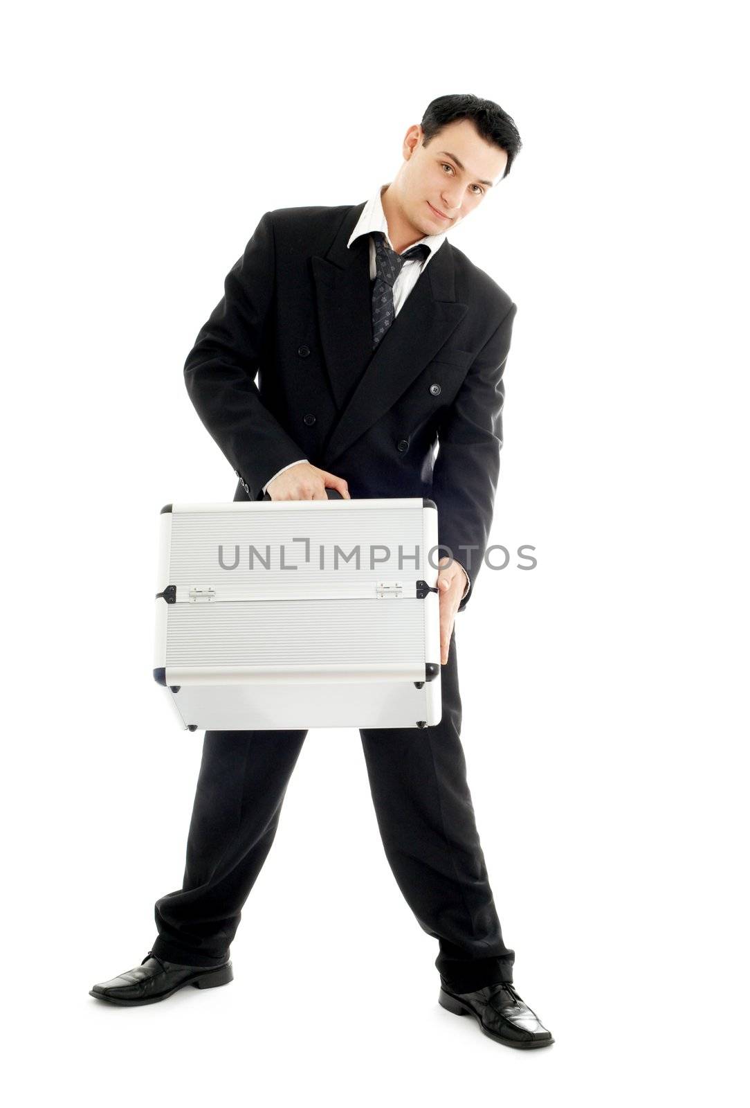 picture of businessman with metal container over white background