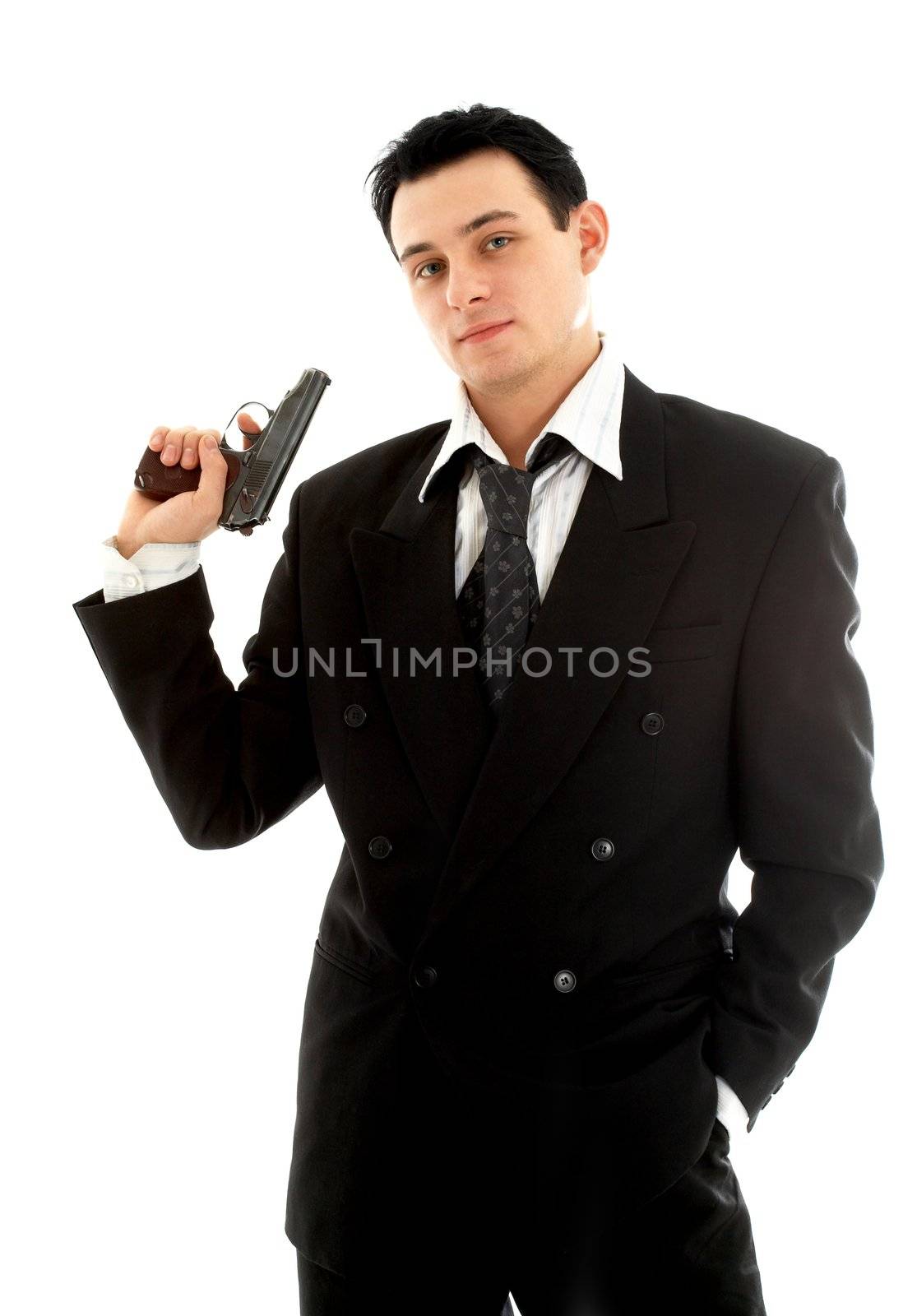 man with a gun over white background