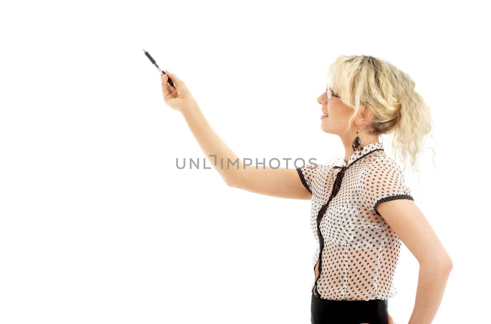 portrait or energetic businesswoman with pen over white