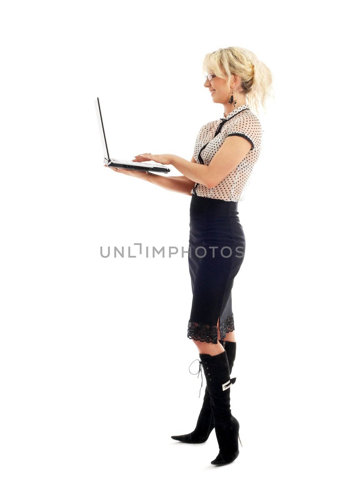 elegant businesswoman with laptop computer over white