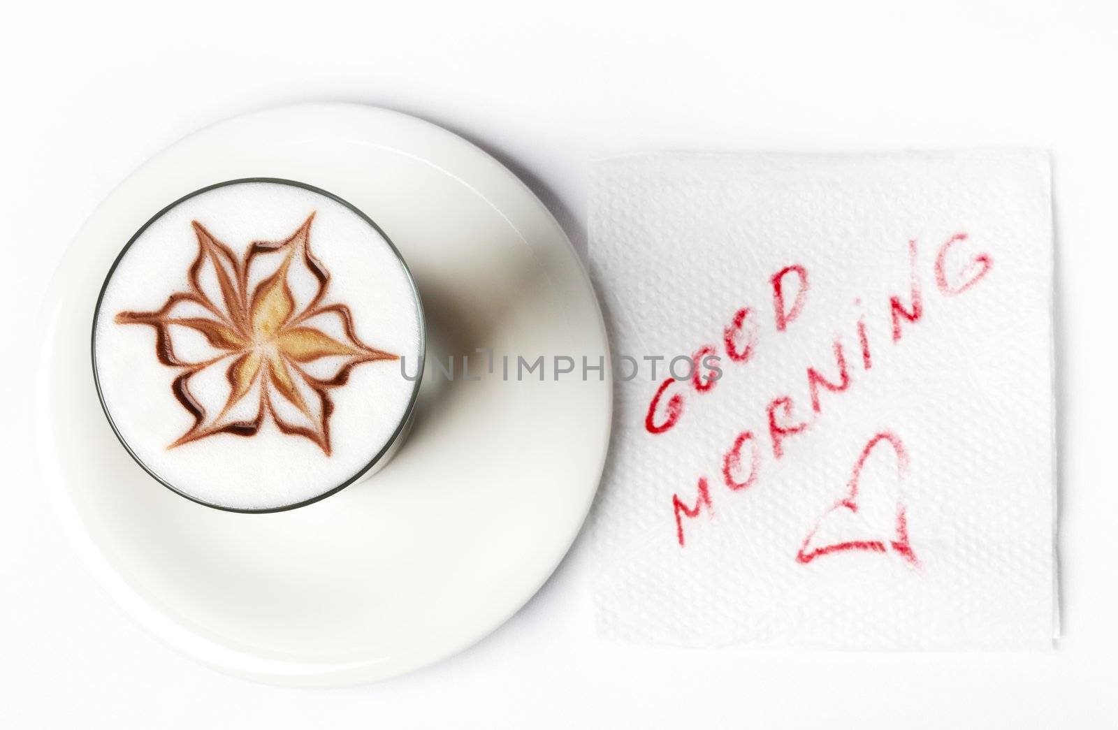 barista latte coffee glass with good morning note on tissue