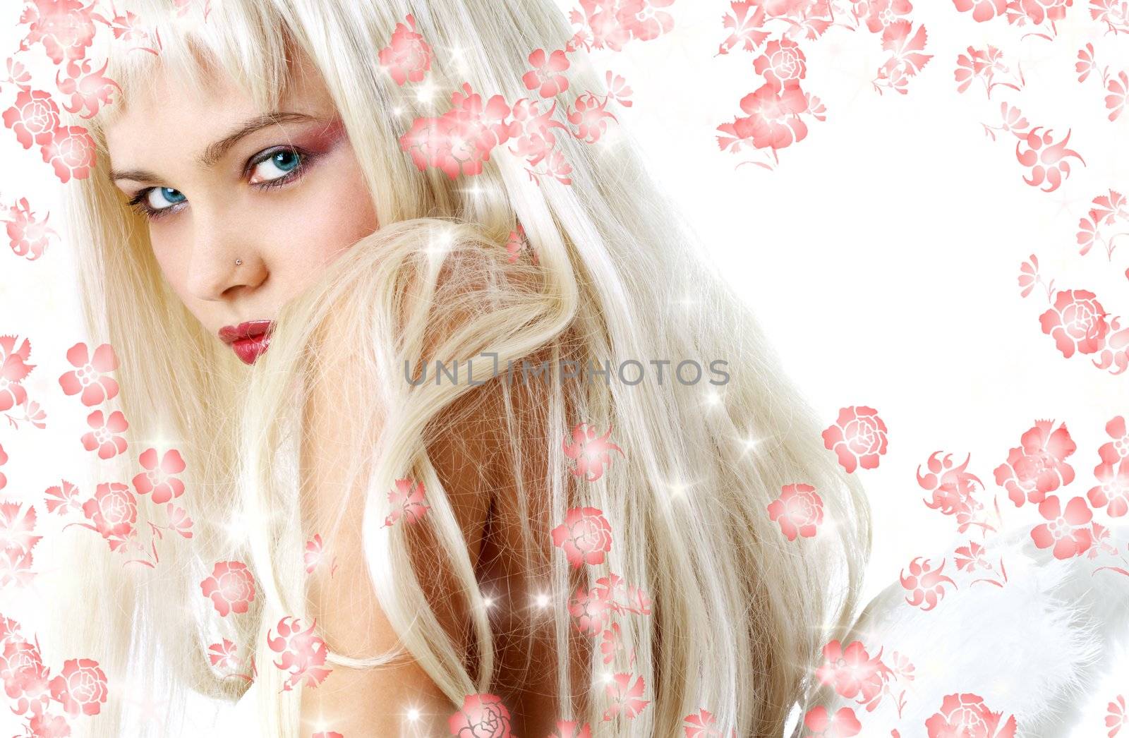 portrait of lovely blond with angel wings surrounded by rendered flowers