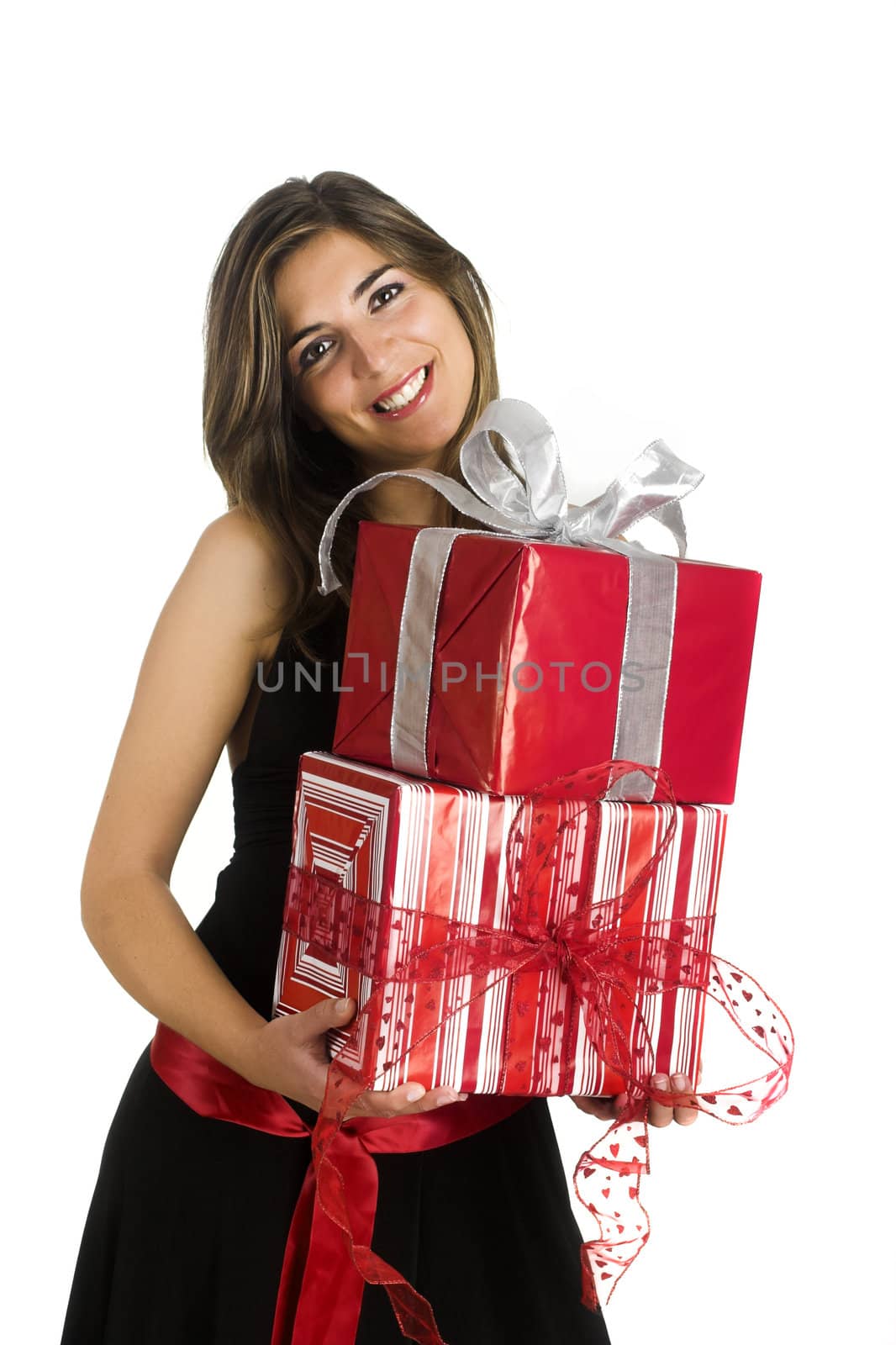 Happy woman isolated on a white background with presents.