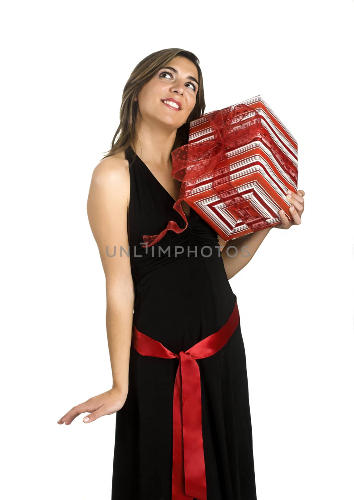 Happy woman isolated on a white background with presents.