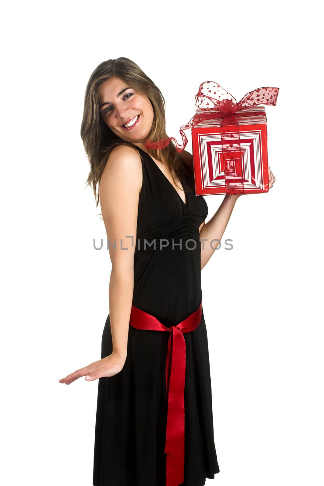 Happyl woman isolated on a white background with presents.