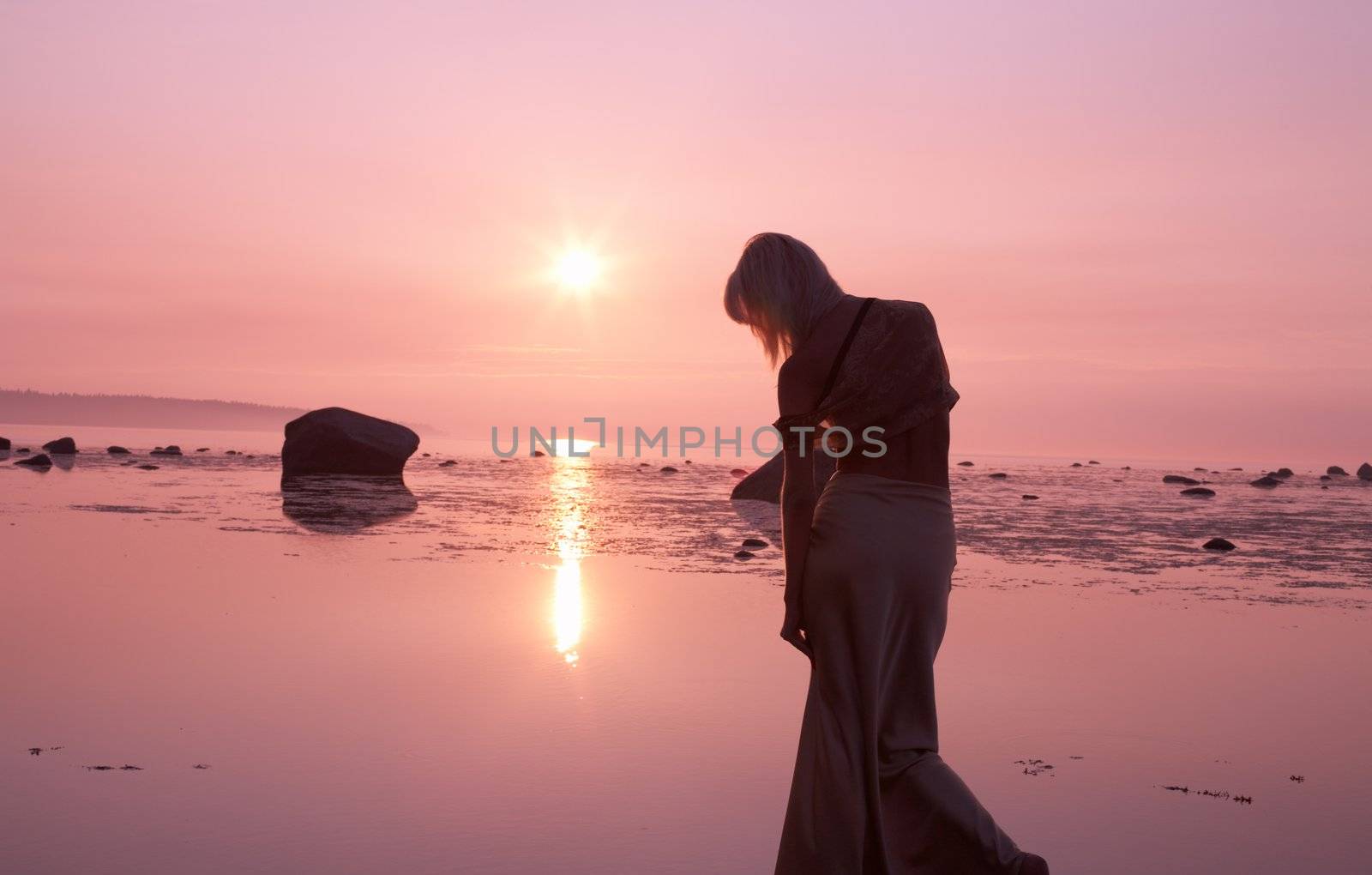 silhouette image of pink sunset and sad lady