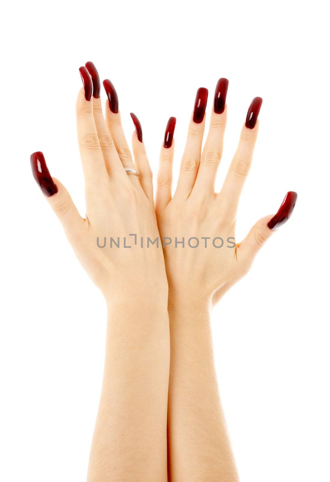 two hands with long acrylic nails over white