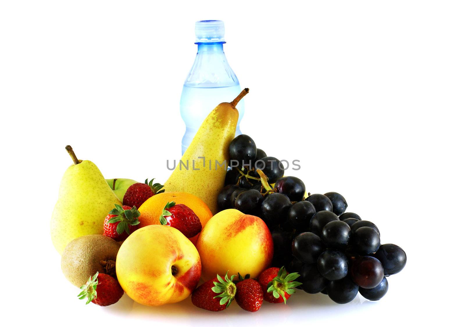 various of ripe fresh fruits with bottle of clean pure mineral water over white