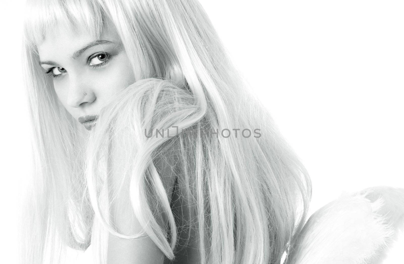 monochrome portrait of lovely blond with angel wings