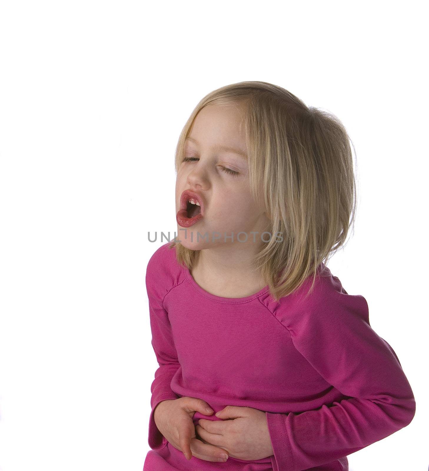 Chlid moaning with stomache ache on a white background