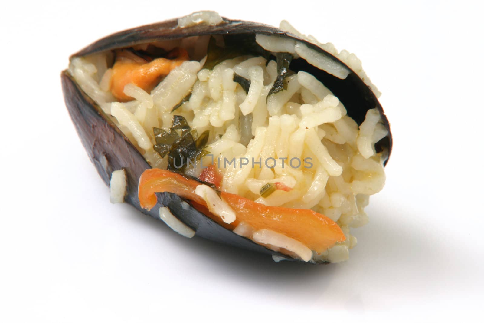 gourmet closeup mussels cooked with rice isolated on white background 