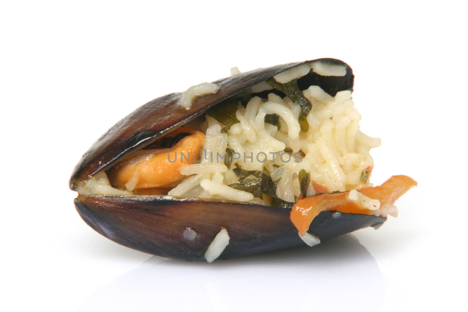 gourmet closeup mussels cooked with rice isolated on white background 