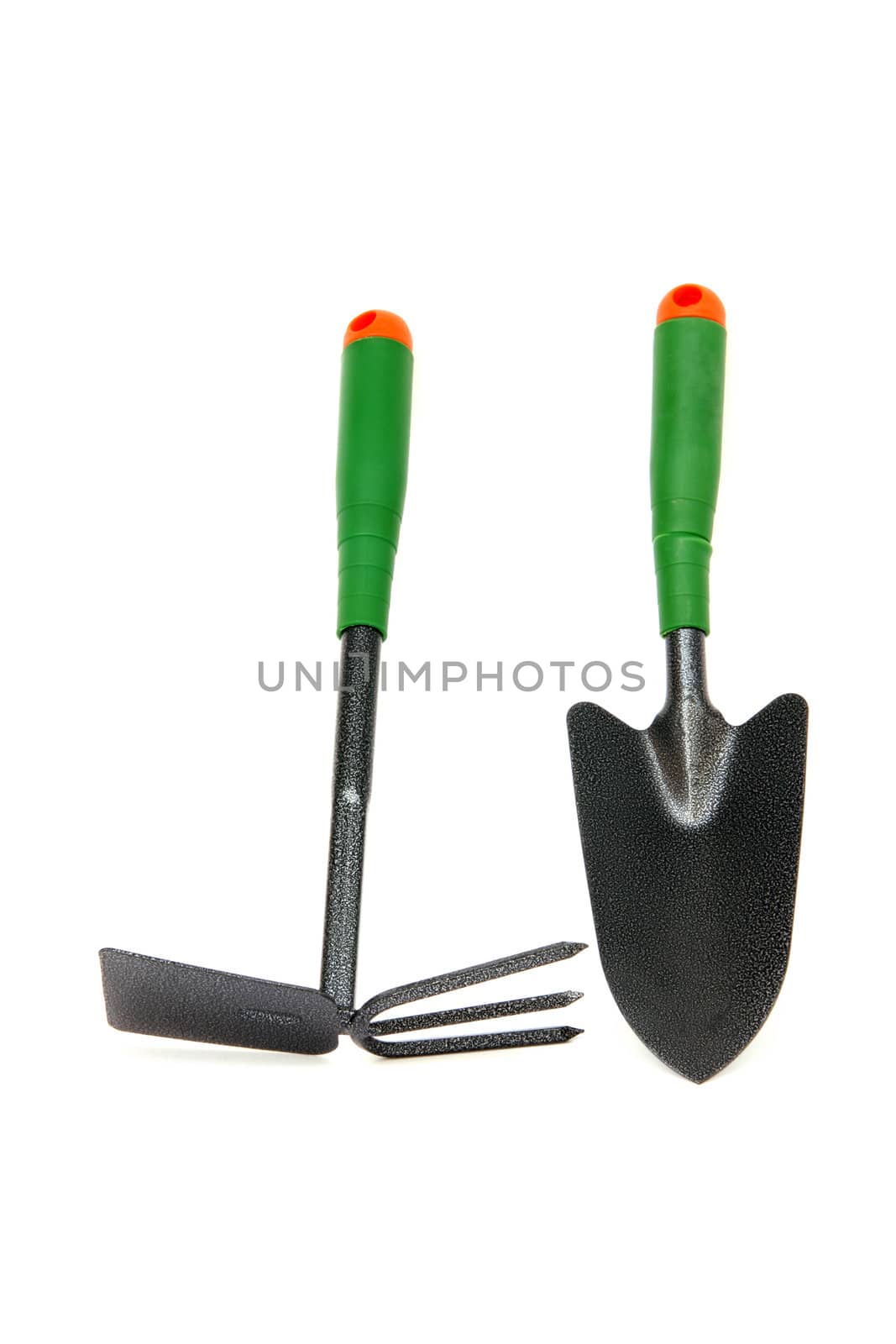gardening tools shovel and weeder hoe isolated on white background